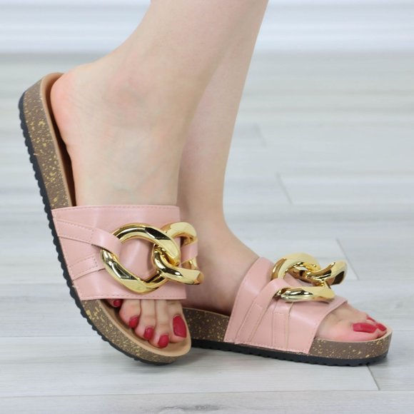 Pink Flat Slip On Sliders Sandal Trendy Comfort Lightweight Blush and Gold - Picture 6 of 13
